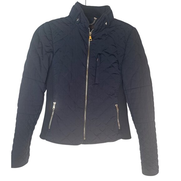 ZARA XS Quilted Navy Jacket Gold Zipper Pockets & Chain Detail - Picture 1 of 13